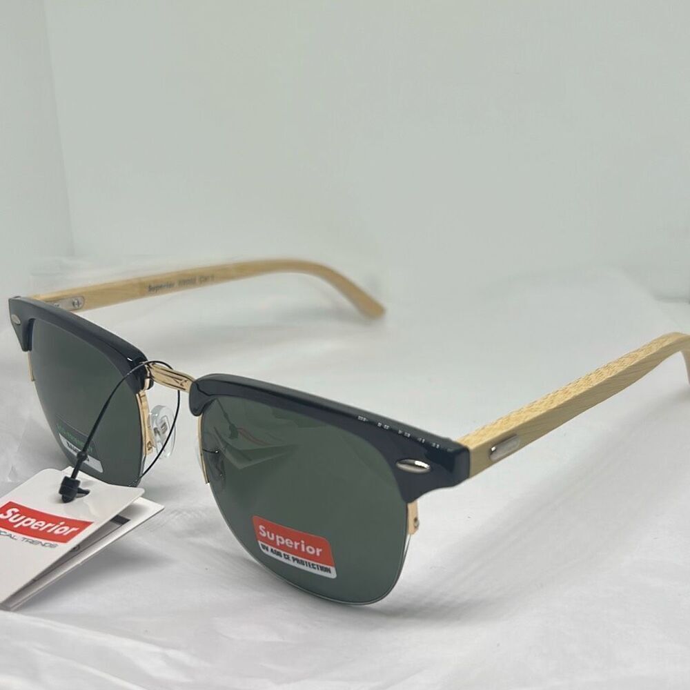 Superior Optical Trends Clubmaster-Style Sunglasses – Bamboo Arms – UV400 Maximu